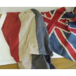 Two printed cotton Union flags together with a very long red/white/blue printed cotton banner (3)