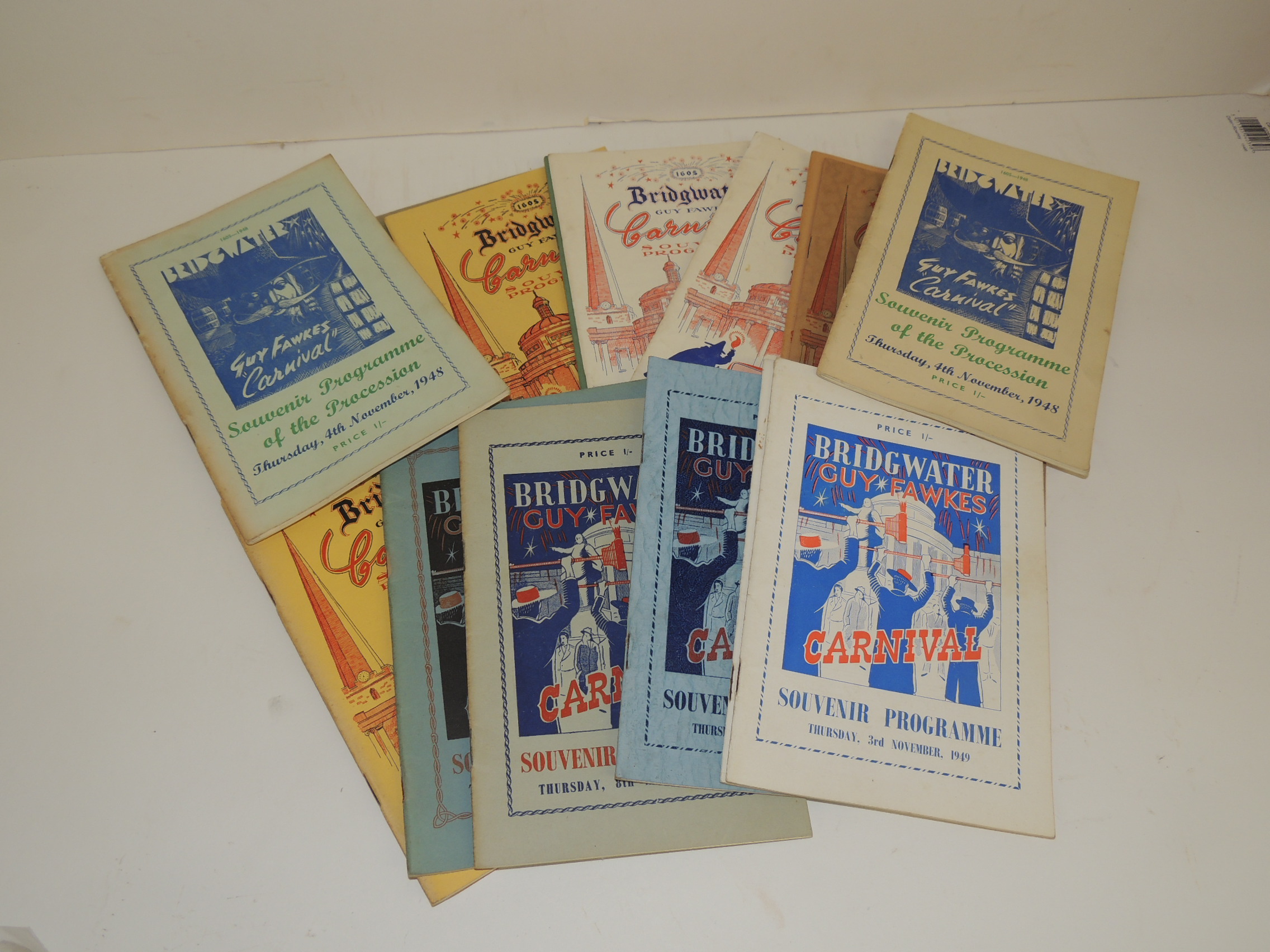 Sixteen Bridgwater Carnival programmes 1948 - 1954 inclusive (2x1948), 1957, 1958, 1959 (x2),