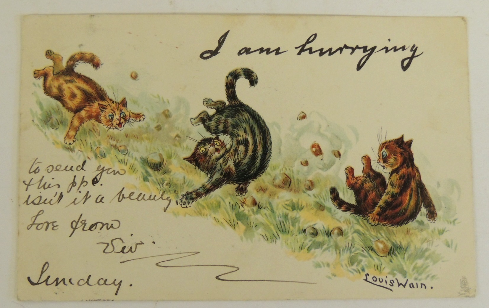 A Louis Wain postcard "I am Hurrying" chromo litho pub Raphael Tuck, postmark Exmouth 1904 ++