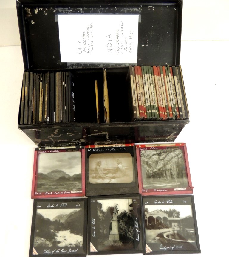 Magic lantern slides - a quantity of photographic individual slides, some hand tinted, of Chile