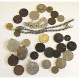 A small quantity of assorted coins, medallions, white metal locket, watch chain etc