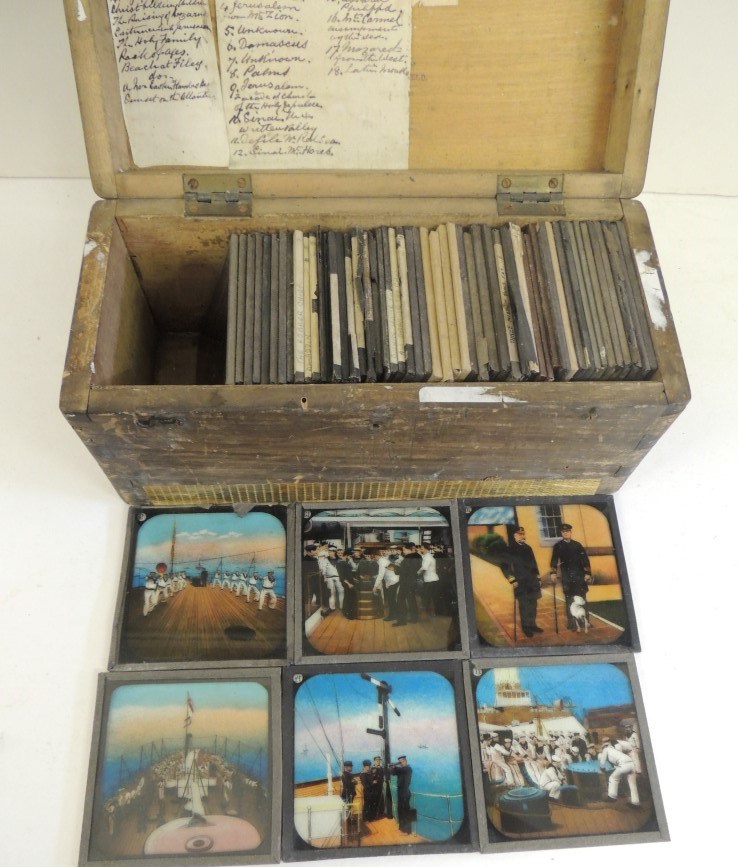 Magic lantern slides - colour printed individual slides depicting life in the Royal Navy; some fairy