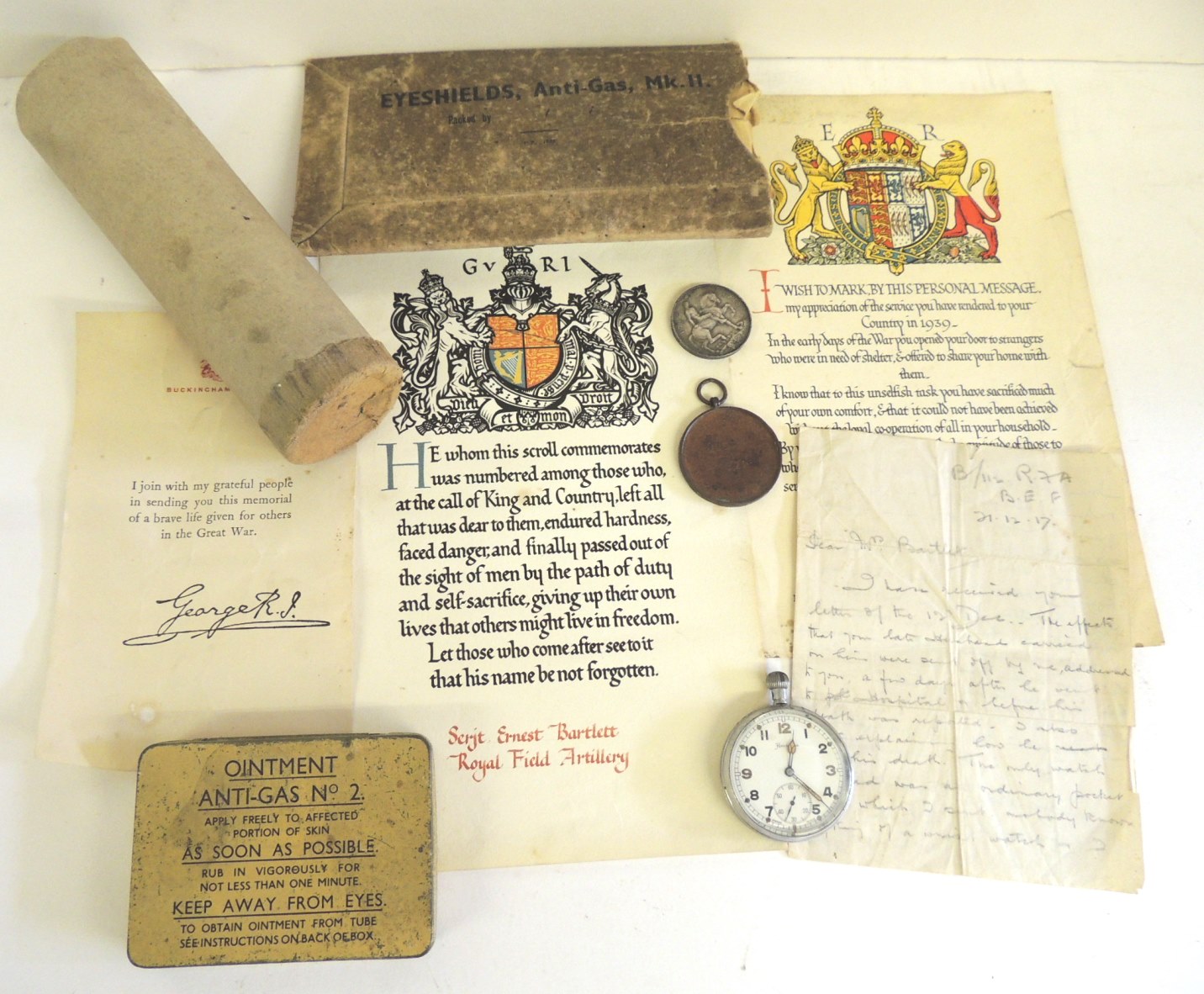 Items relating to Sgt Ernest Bartlett RFA - a death scroll and a handwritten letter to his wife from
