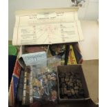 Some cribbage marker boards; odd chessmen; draughts; boxed jigsaw; printing blocks; building blocks;