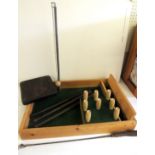 A bar skittles game, the skittles box with crib marker board top; a pair of drumsticks and other