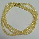 CULTURED PEARL 3-STRAND NECKLACE ON CLASP MARKED 9CT