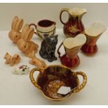 SELECTION OF PORCELAIN INCLUDING PAIR OF SYLVAC RABBITS, CAT AND 2 DOGS CROWN DEVON JUGS, ETC