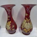 PAIR OF RUBY GLASS BALUSTER VASES WITH ENAMEL FLORAL DECORATION