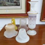 VICTORIAN ENAMELLED GLASS VASE AND 3 COLOURED GLASS SHADES