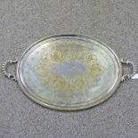 LARGE OVAL SILVER PLATED TRAY WITH 2 HANDLES & ENGRAVED DECORATION