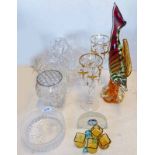 COLOURED GLASS FISH CRYSTAL BASKET BOWL, CLOCK ETC