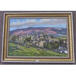 DIANA ROSEMARY LODGE  SHEEP BESIDE VILLAGE  SIGNED  FRAMED OIL PAINTING 49 X 72CM