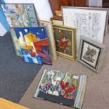 LARGE SELECTION OF FRAMED PICTURES, TAPESTRY'S ETC INCLUDING OIL PAINTING OF A YOUNG LADY, 19TH