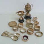 SILVER COMPACT, SILVER TROPHIES AND VARIOUS SILVER SPOONS ETC