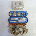 CASED MOTHER OF PEARL BUTTER KNIVES, VARIOUS COSTUME JEWELLERY ETC