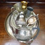 SILVER PLATED 3 PIECE TEA SET, GALLERIED TRAYS ETC