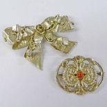 DECORATIVE BROOCH SET WITH CORAL, MARKED STERLING 930S AND LARGE DECORATIVE BOW BROOCH, THE
