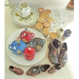 PORTMERION DINNER PLATES, JUG, SMALL STORAGE JARS, BABYSHAM GLASSES, LE CREUSET LIDDED DISHES, JAMES