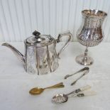 SILVER PLATED CARNARVON PLOUGHING TROPHY & SILVER PLATED TEAPOT, JAM SPOONS ETC