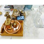 FORTNUM & MASON WOODEN TRAY. PLATED WARE, CRYSTAL DECANTERS, GLASS BOWLS ETC