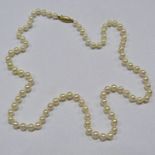 CULTURED PEARL NECKLACE, EACH PEARL OF UNIFORM SIZE ON CLASP MARKED 375