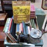 BOX OF BOOKS ON CAR & MOTORCYCLE MECHANICS ETC INCLUDING HAYNES BSA SHEETS & CAR HORN ETC