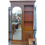 LATE 19TH CENTURY INLAID MAHOGANY WARDROBE WITH MIRROR DOOR, OPEN SHELVES OVER FALL FRONT & PANEL