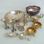 TWO LARGE ELECTROPLATED BOWLS, TWO SMALL ELECTROPLATED DISHES WITH GILT INTERIORS ON PAW FEET, SAUCE