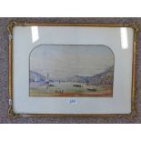JOHN GIBLE  FISHING BOATS ON A SEA LOCH SIGNED  GILT FRAMED WATERCOLOUR 21 X 34CM