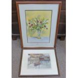 D.B.KEITH  SCRABSTER HARBOUR SIGNED  FRAMED WATERCOLOUR 25 X 34CM  AND CALMEL GRAHAM VASE FLOWERS