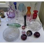 SELECTION OF VARIOUS COLOURED AND OTHER GLASSWARE INCLUDING PAPERWEIGHTS VASES, ETC