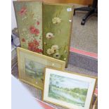 2 PAINTED PANELS, 2 FRAMED WATER COLOURED OF RURAL SCENES