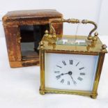 GILT BRASS CARRIAGE CLOCK WITH ENAMEL DIAL & LEATHER TRAVEL CASE