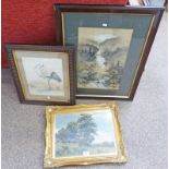 GILT FRAMED WATERCOLOUR TREES SIGNED W.A. ABELL, 27 X 37CM & DRAWING OF ALPINE SCENE SIGNED W.O.