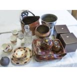 SALISBURY PORCELAIN TEAWARE COPPER COAL SCUTTLE, SET LAWN BOWLS, DECANTER, ETC