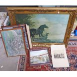 GILT FRAMED PICTURE OF 2 HORSES & OTHER FRAMED PRINTS