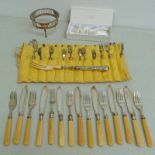 WHITE METAL HOLDER, VARIOUS FISH AND FRUIT KNIVES AND FORKS