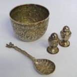 SILVER BOWL MARKED LONDON 1879, PAIR OF STERLING SILVER CRUETS AND SILVER SPOON