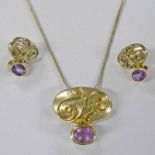 CELTIC DESIGN PENDANT SET WITH AMETHYST ON CHAIN & WITH PAIR MATCHING EARRINGS ALL MARKED 925 & BY