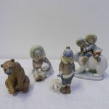 4 LLADRO FIGURES: TWO CHILDREN RIDING POLAR BEAR 6.5'' L5353, BROWN BEAR 4.5'' L1205, CHILD