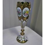 19TH CENTURY BOHEMIAN GREEN GLASS VASE WITH FLORAL ENAMEL PANELS & GILT DECORATION - 23CM TALL