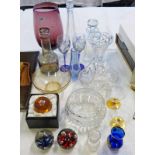 SELECTION GLASS AND ART GLASS INCLUDING CHRISTMAS PAPER WEIGHTS, VASE AND DECANTER