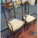 EARLY 20TH CENTURY INLAID MAHOGANY ARMCHAIR ON SQUARE TAPERED SUPPORTS AND MATCHING HAND CHAIR