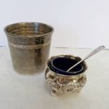 CHINESE SILVER SALT WITH DRAGON DECORATION MARKED WH90, SILVER SALT SPOON & WHITE METAL CUP