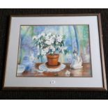 POT OF FLOWERS WITH CHINESE FIGURE FRAMED WATERCOLOUR 49 X 64CM