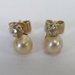 PAIR OF CULTURED PEARL & DIAMOND SET EAR STUDS