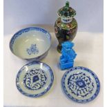 19TH CENTURY CHINESE PORCELAIN BOWL, PAIR OF CHINESE BLUE AND WHITE POTTERY PLATES, LIDDED