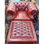 RED LEATHER CHESTERFIELD ARMCHAIR & STOOL