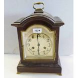 MAHOGANY CASED MANTLE CLOCK WITH SILVERED DIAL AND CHIME MECHANISM