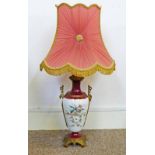 19TH CENTURY GILT METAL MOUNTED CONTINENTAL PORCELAIN TABLE LAMP DECORATED WITH BIRDS & FLOWERS 53CM